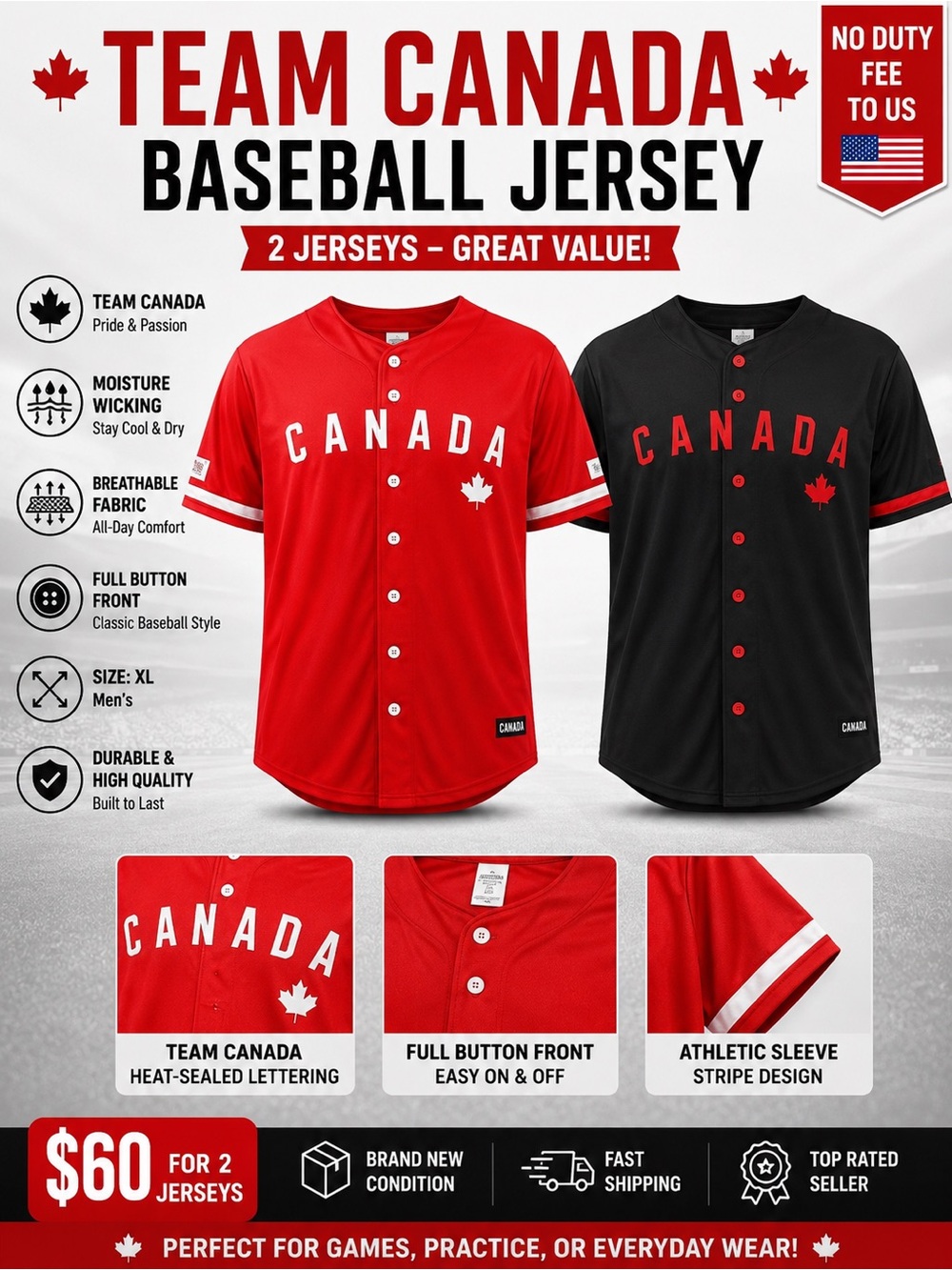 Team Canada Baseball Jersey - Red & Black size XL price is for the 2 unit